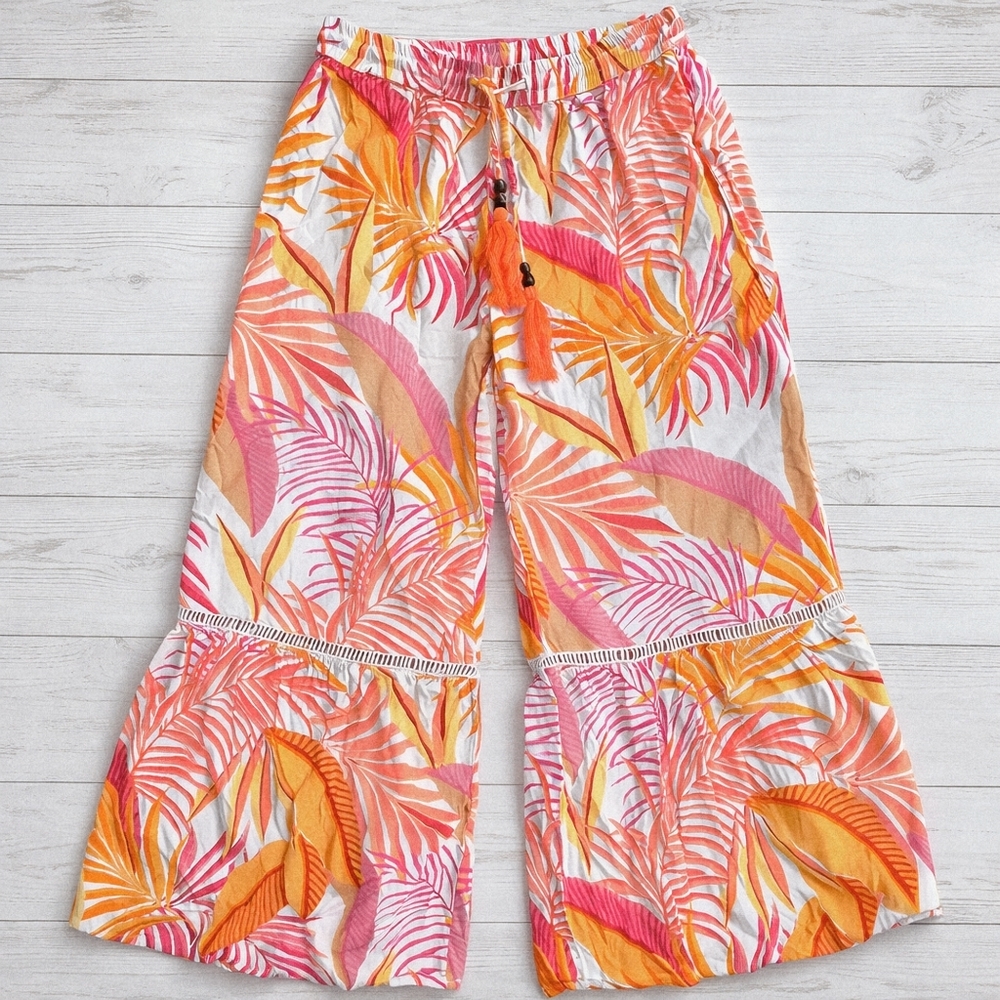 100 Rayon True Destinations Palazzo Pants Wide Leg Summer Drawstring Large NWT